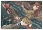  1girl aircraft animal_ears beach blurry blurry_background brown_eyes brown_hair explosion firing grace_maitland_steward green_jacket gun highres holding holding_gun holding_weapon horse_ears horse_girl horse_tail jacket long_hair luminous_witches military military_uniform military_vehicle no_pants ocean outdoors p-40_warhawk panties shikabiscuit ship shotgun soldier solo_focus striker_unit tail underwear war watercraft weapon white_panties world_witches_series 