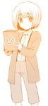  armin_arlert blush book long_sleeves male_focus manga_(object) marimo_danshaku monochrome shingeki_no_kyojin solo younger 