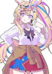  1girl ahoge animal_ears blonde_hair hair_ornament highres hololive long_hair looking_at_viewer minkof_nn multiple_girls neck_ribbon omaru_polka pleated_skirt purple_eyes ribbon shirt side_ponytail simple_background skirt solo tongue tongue_out v virtual_youtuber white_background white_shirt 