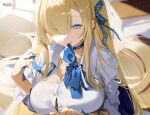  1girl asuna_(blue_archive) asuna_(school_uniform)_(blue_archive) asymmetrical_bangs biting blonde_hair blue_archive blue_bow blue_bowtie blue_choker blue_eyes blue_halo blue_ribbon blurry blurry_background bow bowtie breasts button_gap choker collared_shirt commentary desk dress_shirt english_commentary hair_over_one_eye hair_ribbon halo helic_(7317helic) highres indoors large_breasts long_hair looking_at_viewer ribbon school_desk school_uniform shirt solo very_long_hair white_shirt 