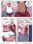 abe_(mikrogoat) anthro athletic_wear basil_(mikrogoat) comic dialogue domestic_pig ear_piercing hi_res hiding_object hybrid lagomorph leporid male mammal mikrogoat obese obese_anthro obese_male overweight overweight_anthro overweight_male piercing rabbit speech_bubble suid suine sus_(pig) worried