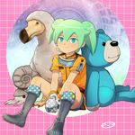  boots dodo_(bird) fei_rune gloves goggles green_eyes green_hair inazuma_eleven_(series) inazuma_eleven_go inazuma_eleven_go_chrono_stone male_focus mizuhara_aki multiple_boys nautilus_(animal) no_pupils sitting stuffed_animal stuffed_toy teddy_bear wonderbat 