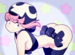  1girl ass ass_shake belt belt_pouch black_thighhighs bottomless breasts chest_harness commentary english_commentary happy harness hat holster huge_ass jakuzure_nonon kill_la_kill looking_back naked_belt nudist_beach_uniform pink_eyes pink_hair pouch purple_background shaking shiny_skin short_hair shoulder_holster sidelocks simple_background skull_print small_breasts smile solo star_(symbol) thighhighs tonyneely utility_belt 