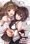  2girls :d ;d bare_shoulders black_gloves black_skirt blue_eyes blush breast_press breasts brown_hair commentary_request detached_sleeves fingerless_gloves frilled_skirt frills from_side giraffe_(ilconte) gloves hair_between_eyes hair_ornament hairpin hand_up happy headgear highres hug kantai_collection kongou_(kancolle) kongou_kai_ni_(kancolle) large_breasts long_hair looking_at_viewer looking_back miniskirt multiple_girls one_eye_closed pleated_skirt pointing pointing_at_viewer purple_eyes ribbon-trimmed_sleeves ribbon_trim shigure_(kancolle) shigure_kai_san_(kancolle) shirt skirt sleeveless sleeveless_shirt smile v very_long_hair wide_sleeves 