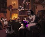 animal_humanoid animate_inanimate anthro armchair artist_logo bodily_fluids book bookshelf cat_humanoid cauldron chair chimeracauldron clothing container cup desk doll doll_joints dress drinking_glass drooling felid felid_humanoid feline feline_humanoid female final_fantasy final_fantasy_xiv fire fireplace flower furniture glass glass_container glass_cup group heterochromia hi_res hook humanoid incense incense_burner lamp lance living_doll logo loose_feather magic mammal mammal_humanoid melee_weapon miqo&#039;te mug open_mouth plant polearm potion purple_magic quill red_eyes rose_(flower) saliva shelf sitting size_difference sleeping square_enix table teapot underwear weapon whispering wine_glass
