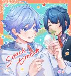  2boys :d blue_eyes blue_hair chongyun_(genshin_impact) chongyun_(gigo)_(genshin_impact) closed_eyes genshin_impact hair_between_eyes highres holding holding_ice_cream_cone hood hoodie ice_cream_cone leaf leaf_in_mouth male_focus mikanchii mouth_hold multiple_boys necktie red_necktie short_hair simple_background smile tongue tongue_out white_hoodie xingqiu_(genshin_impact) xingqiu_(gigo)_(genshin_impact) 