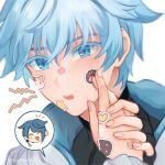  2boys blue_eyes blue_hair blush chongyun_(genshin_impact) genshin_impact hair_between_eyes male_focus mikanchii multiple_boys open_mouth short_hair sticker_on_face white_hood xingqiu_(genshin_impact) 
