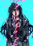  1boy absurdres aqua_background aqua_eyes bisected black_hair black_jacket black_vest collared_shirt grey_eyes grey_shirt half_updo heterochromia highres hong_lu_(project_moon) jacket limbus_company long_hair looking_at_viewer male_focus necktie project_moon qiujia red_necktie shirt solo upper_body vest 