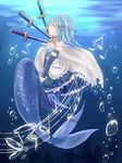  beamed_eighth_notes blue_hair bubble cape closed_eyes dotted_quarter_note eighth_note hair_ornament hairclip mahou_shoujo_madoka_magica mermaid miki_sayaka monster_girl monsterification musical_note open_mouth quarter_note shimotsuki_(ichiruki) short_hair skirt solo staff_(music) sword underwear weapon 