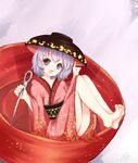  barefoot bowl bowl_hat hat in_bowl in_container japanese_clothes minigirl needle obi open_mouth purple_eyes purple_hair sash short_hair solo sukuna_shinmyoumaru tamiczan touhou 