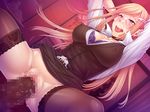  1girl ahegao arms_up black_lilith blonde_hair blue_eyes blush bra breasts censored cleavage covered_nipples cum earrings erect_nipples facial game_cg girl_on_top hair_ornament hairclip highres jewelry large_breasts legs long_hair no_panties onmyou_kishi_towako onmyou_kishi_towako:_hebi_kami_no_inma_choukyou open_mouth penis pussy saliva sex sitting sitting_on_person skirt skirt_lift thighhighs thighs towako_yagyu underwear vaginal 
