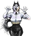 2025 5_fingers absurd_res anthro arms_bent big_breasts biped black_body black_bottomwear black_bracelet black_claws black_clothing black_collar black_ears black_eyes black_fur black_nose black_pants black_tail bottomwear bracelet breasts button_(fastener) canid canine canis cheek_tuft claws clothed clothed_anthro clothed_female clothing collar collared_shirt dark_body dark_fur digital_drawing_(artwork) digital_media_(artwork) domestic_dog dress_shirt eyelashes facial_tuft female finger_claws fingers fluffy fluffy_tail front_view fully_clothed fully_clothed_anthro fully_clothed_female fur fur_tuft glistening glistening_bottomwear glistening_clothing glistening_pants grin grinning_at_viewer hi_res high_waisted_bottomwear high_waisted_pants husky jewelry knifesart legs_together light_body light_fur looking_at_viewer mammal multicolored_body multicolored_fur narrowed_eyes neck_tuft nordic_sled_dog pants pointy_ears portrait prick_ears shirt simple_background smile smiling_at_viewer snout solo spiked_collar spikes spitz standing tail teeth thick_eyelashes thick_thighs thigh_gap three-quarter_portrait topwear tuft two_tone_body two_tone_fur white_background white_body white_clothing white_dress_shirt white_fur white_sclera white_shirt white_topwear wide_hipped_anthro wide_hipped_female wide_hips