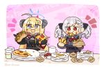  2girls ahoge akari_(blue_archive) black_gloves black_shirt blonde_hair blue_archive blue_eyes blue_halo braid breasts burger commission cross-shaped_pupils crossover detached_sleeves eating food food_in_mouth food_on_face food_wrapper french_fries girls&#039;_frontline gloves grey_hair hair_ribbon halo highres holding holding_burger holding_food holding_pizza horns hot_dog ketchup large_breasts lcron long_hair long_sleeves multiple_girls neck_ribbon open_mouth pizza pizza_slice plate red_eyes red_ribbon ribbon shirt skeb_commission sleeveless sleeveless_shirt spas-12_(girls&#039;_frontline) symbol-shaped_pupils trait_connection twintails twitter_username 