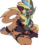 2025 anthro areola big_breasts black_body blue_eyes blush bodily_fluids bound breasts clenched_teeth cum cum_on_breasts cum_on_face eyebrows feet female generation_7_pokemon genital_fluids glistening glistening_breasts hands_tied hi_res legendary_pokemon mcfli neck_tuft nintendo nipples nude one_eye_closed pawpads pokemon pokemon_(species) sitting solo teeth tuft yellow_body zeraora