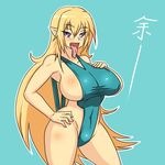  1girl blonde_hair blue_eyes breasts curvy demon_girl dr.kumamushi female huge_breasts long_hair one-piece_swimsuit open_mouth original pointy_ears sideboob simple_background solo standing succubus swimsuit symbol-shaped_pupils tongue 