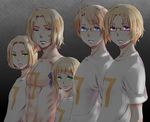  4boys ahoge america_(hetalia) aqua_eyes axis_powers_hetalia blonde_hair canada_(hetalia) color_connection france_(hetalia) green_eyes hair_color_connection hair_ribbon liechtenstein_(hetalia) multiple_boys odd_one_out poland_(hetalia) purple_eyes ribbon shade shirtless short_hair tanoshihana trait_connection 