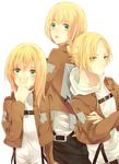  2girls :o annie_leonhardt armin_arlert belt blonde_hair blue_eyes buckle christa_renz color_connection crossed_arms emblem from_behind hair_color_connection highres hood jacket long_hair long_sleeves looking_back military military_uniform multiple_girls paradis_military_uniform shingeki_no_kyojin short_hair training_corps_(emblem) uniform xxxxxymdy 