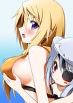  blonde_hair blush blush_stickers breast_grab breasts charlotte_dunois covered_nipples eyepatch grabbing highres infinite_stratos large_breasts laura_bodewig multiple_girls purple_eyes red_eyes sideboob silver_hair sumeragi_tomo yuri 