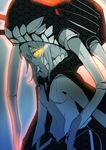  bodysuit breasts gloves glowing glowing_eyes kantai_collection long_hair looking_at_viewer monster pale_skin shinkaisei-kan small_breasts solo taneda_yuuta wo-class_aircraft_carrier yellow_eyes 