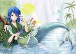  blue_eyes blue_hair cattail choko_(cup) cup grass head_fins japanese_clothes kimono leaf looking_away marker_(medium) mermaid monster_girl obi outdoors palm_tree parted_lips plant reclining sash short_hair solo stream tokkuri touhou traditional_media tree wakasagihime water waterfall wys_1981 