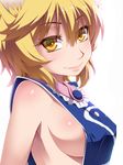  animal_ears bare_arms blonde_hair blush breasts commentary_request fang fox_ears hayashi_custom highres looking_at_viewer medium_breasts naked_tabard no_hat no_headwear short_hair sideboob simple_background smile solo tabard touhou white_background yakumo_ran yellow_eyes 