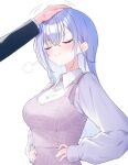  1boy 1girl bad_id bad_pixiv_id blush breasts closed_eyes commentary_request doyagao dress hands_on_own_hips headpat hetero highres idolmaster idolmaster_shiny_colors long_hair long_sleeves medium_breasts pinafore_dress pink_dress producer_(idolmaster) puff_of_air shirasato_(phzm8733) shirt simple_background sleeveless sleeveless_dress smile smug straight_hair suzuki_hana sweatdrop white_background white_shirt 
