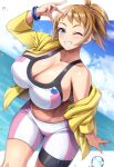  1girl bike_shorts blue_eyes blush breasts brown_hair commentary_request commission dated gundam gundam_build_fighters gundam_build_fighters_try highres hoshino_fumina huge_breasts looking_at_viewer midriff one_eye_closed ponytail scrunchie short_hair skeb_commission smile solo sports_bra two-tone_sports_bra yoohi 