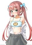 1girl asagumo_(kancolle) bare_shoulders black_skirt blue_bow blue_bra blush bow bra brown_hair closed_mouth collarbone cowboy_shot dated flat_chest green_eyes kantai_collection long_hair looking_at_viewer navel one-hour_drawing_challenge ray.s shirt shirt_partially_removed signature skirt solo training_bra twintails underwear white_background white_shirt 