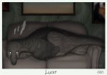 absurd_res ambiguous_gender arm_feathers camera_flash claw_marks date dinosaur dromaeosaurid english_text feathered_dinosaur feathered_scalie feathers feral furniture glistening glistening_eyes glowing glowing_eyes hi_res inside joltiks loaf looking_at_viewer photo pillow portrait_(object) prehistoric_species reptile scales scalie sitting sofa solo text theropod utahraptor