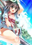  animal_ears bare_legs barefoot blue_sky blush breasts brown_hair cat_ears cat_tail chen cloud condensation_trail day fang hand_on_headwear hat highres koha medium_breasts open_mouth red_eyes short_hair sky smile solo tail touhou 