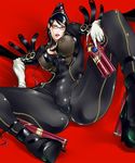  amulet ass bayonetta bayonetta_(character) bodysuit breasts elbow_gloves glasses gloves gun handgun large_breasts lips lipstick makeup mole nipples pistol quadruple_wielding see-through solo spread_legs tyno weapon zipper 