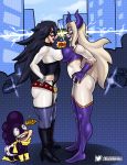  1girl 2girls ass asymmetrical_docking belt black_hair blazinahegao blonde_hair bodysuit boku_no_hero_academia boots breast_press breasts collar constricted_pupils corset cuffs domino_mask fake_horns full_body garter_straps gloves handcuffs large_breasts lipstick long_hair looking_at_another makeup mask midnight_(boku_no_hero_academia) mineta_minoru mount_lady multiple_girls open_mouth outdoors smile standing upper_teeth 