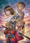  3girls 4boys absurdres arm_sling arm_strap auron bare_shoulders beads belt belt_skirt black_hair blonde_hair blue_eyes blue_fur blue_hakama blue_headband blue_skin braid broken_horn brown_hair cat_nose chain chain_necklace closed_mouth colored_skin dress english_commentary final_fantasy final_fantasy_x fingerless_gloves fur-trimmed_dress fur_trim gloves goggles goggles_around_neck gourd green_eyes hair_beads hair_ornament hair_over_one_eye hair_stick hakama hakama_skirt headband heterochromia high_collar highres holding holding_behind_back holding_sword holding_sword_behind_back holding_weapon holding_weapon_behind_back horns japanese_clothes jewelry kimahri_ronso lipstick long_hair looking_at_viewer lulu_(ff10) makeup mole mole_under_mouth moogle multicolored_hair multiple_boys multiple_braids multiple_girls multiple_necklaces necklace outdoors overalls parted_lips pectorals print_hakama purple_lips red_eyes rikku_(ff10) short_hair single_horn skirt staff_(ff10) streaked_hair sunglasses sunset sword tidus tim_kong tree wakka water waves weapon wide_sleeves yuna_(ff10) 