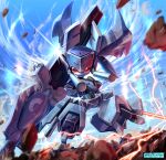  1boy arm_blade arm_cannon debris electricity energy_sword full_body glaring grey_armor grey_helmet helmet highres humanoid_robot kreuzbaizan looking_at_viewer male_focus medarot medarot_s red_eyes robot soezy solo sun sword weapon 