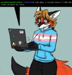 2024 5_fingers anthro arch_linux avian big_tail biped bird black_bottomwear black_claws black_clothing black_ears black_eyes black_eyewear black_glasses black_hands black_laces black_markings black_nose black_pants blonde_hair blue_clothing blue_hoodie blue_sweatshirt blue_topwear bottomwear breasts canid canine cheek_tuft claws clothed clothing coding colored command_prompt computer computer_keyboard countershade_face countershade_fur countershade_torso countershading debian digital_drawing_(artwork) digital_media_(artwork) dipstick_tail electronics english_text eyewear facial_markings facial_tuft female finger_claws fingers flag flag_clothing fluffy fluffy_tail fox front_view fur fur_markings fur_tuft glasses green_text grey_background grey_text hair happy head_markings hi_res hitting_keyboard holding_computer holding_laptop holding_object hoodie humanoid_hands humor inner_ear_fluff laces laptop lennox lgbt_pride line_art linux long_hair looking_at_computer looking_at_laptop looking_at_object looking_down mammal markings neck_tuft nerd onomatopoeia orange_body orange_fur pants penguin pockets ponytail portrait pride_colors programming programming_humor red_body red_fox red_fur round_glasses shaded simple_background smile solo sound_effects standing sweatshirt tail tail_markings tan_hair tapping tapping_fingers technology text three-quarter_portrait three-quarter_view topwear trans_(lore) trans_woman_(lore) transgender_pride_colors true_fox tuft tux_(linux) typing wearing_glasses white_body white_countershading white_fur white_inner_ear white_inner_ear_fluff white_laces white_markings white_text wide_eyed xenia_(linux)