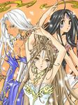  3girls aa_megami-sama belldandy black_hair breasts clamp dark_skin facial_mark facial_markings goddess long_hair looking_at_viewer multiple_girls siblings sisters skuld urd very_long_hair white_hair 