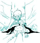  1boy :3 ark_kan blue_theme capelet closed_eyes commentary_request cowboy_shot fur-trimmed_capelet fur_trim high_wizard_(ragnarok_online) lowres male_focus monochrome open_mouth pants poring ragnarok_online short_hair sitting sleeping solo tree under_tree 