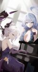  2girls absurdres ako_(blue_archive) ako_(dress)_(blue_archive) blue_archive blue_dress blue_hair breasts commentary cuffs demon_horns demon_wings dress elbow_gloves evening_gown gloves grand_piano grey_hair halo highres hina_(blue_archive) hina_(dress)_(blue_archive) horns indoors instrument jewelry kuromame_(meekaki96) large_breasts looking_at_another multiple_girls music necklace official_alternate_costume piano playing_instrument playing_piano purple_dress purple_gloves shackles smile strapless strapless_dress wings 