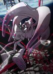 alien astronaut_suit black_sclera blue_eyes bright_pupils domestic_cat duo eyewear facing_another facing_each_other felid feline felis female glasses hair hanabushi hi_res human looking_at_another mammal nira-chan pink_pupils pupils purple_hair space white_body white_skin zutomayo