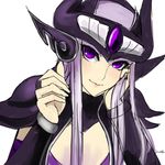  armor blush bridal_gauntlets chin_rest cleavage_cutout ear_protection forehead_jewel forehead_protector head_tilt highres kumiko_shiba league_of_legends lips long_hair looking_at_viewer pauldrons purple_eyes purple_hair smile solo syndra vambraces very_long_hair 