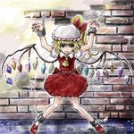  blonde_hair chain chained flandre_scarlet hat nanashii_(soregasisan) red_eyes ribbon short_hair skirt smile solo touhou wings 