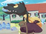2025 4:3 ambiguous_gender anthro big_butt biped butt chair digital_media_(artwork) drinking drinking_soda empty_bottle eyes_closed furniture generation_3_pokemon generation_6_pokemon hi_res mawile mega_evolution mega_mawile mega_stone nintendo nude overweight pokemon pokemon_(species) shaded shweetmagnet soda_bottle solo table