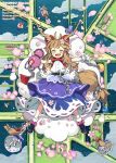  6+girls :d black_hat black_shoes blonde_hair bloomers blue_hair blue_skirt bow bowtie broom broom_riding chain cherry_blossoms cirno clone cloud commentary cuffs daiyousei fang flower from_above gohei gourd green_hair hair_bow hakurei_reimu hat highres holding holding_flower holding_gohei holding_gourd horns ibuki_suika kirisame_marisa long_hair looking_at_viewer low-tied_long_hair morino_hon multiple_girls open_mouth orange_hair outdoors outstretched_arms ox-driven_carriage pink_flower purple_skirt red_bow red_bowtie red_skirt ribbon-trimmed_skirt ribbon_trim shirt shoes skirt smile socks solo spread_arms symbol-only_commentary torn_clothes torn_sleeves touhou tree very_long_hair village watermark white_bloomers white_shirt white_socks witch_hat yellow_eyes 