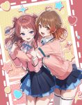  2girls absurdres ahoge blazer blue_overskirt blue_ribbon blue_skirt blush brown_hair cardigan circle commentary cropped_jacket food fruit gakuen_idolmaster gradient_hair hanami_saki hanami_ume hatsuboshi_gakuen_school_uniform heart hidis0086 highres hug hug_from_behind idolmaster jacket long_hair long_sleeves looking_at_viewer medium_hair melon multicolored_hair multiple_girls neck_ribbon orange_hair outline pink_cardigan pink_jacket pleated_skirt ribbon school_uniform shirt siblings sisters skirt smile star_(symbol) thighhighs thighs white_outline white_shirt white_thighhighs 