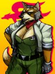 absurd_res anthro band1tnsfw big_breasts breasts brown_body brown_fur canid canine clothing crossgender digital_drawing_(artwork) digital_media_(artwork) electronics female fox fox_mccloud fur green_clothing grey_clothing grey_jacket grey_topwear headgear headphones headset headset_microphone hi_res huge_breasts jacket kerchief lips mammal metal_hand military_uniform nintendo pilot_uniform red_kerchief simple_background solo star_fox tan_body tan_fur thick_bottom_lip topwear uniform whiskers