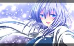  bad_id bad_pixiv_id blue_eyes breasts gradient gradient_background highres letterboxed letty_whiterock long_hair looking_at_viewer medium_breasts nekominase open_mouth shawl silver_hair snow solo touhou upper_body wind wind_lift 