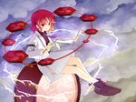  bad_id bad_pixiv_id cloud drum drumsticks floating horikawa_raiko instrument jacket koyumi lightning mitsudomoe_(shape) necktie purple_neckwear red_eyes red_hair short_hair sitting sitting_on_drum sitting_on_object skirt smile solo tomoe_(symbol) touhou 