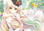  blonde_hair chair cup doll flower frown gloves kurosawa_itsuki long_hair looking_at_viewer mayu_(vocaloid) rudbeckia solo stuffed_animal stuffed_bunny stuffed_toy table teacup teapot usano_mimi vase vocaloid white_gloves yellow_eyes 