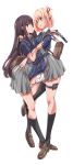  2girls arm_around_shoulder backpack bag black_hair black_socks blonde_hair blue_dress brown_shoes commentary dress gun hair_ribbon hand_on_another&#039;s_arm hand_on_another&#039;s_waist handgun highres holding holding_gun holding_weapon inoue_takina kneehighs leg_between_thighs loafers long_hair looking_at_viewer lycoris_recoil lycoris_uniform m1911 medium_hair multiple_girls nishikigi_chisato one_side_up parted_lips purple_eyes red_eyes red_ribbon ribbon s&amp;w_m&amp;p shoes short_sleeves simple_background socks thigh_strap weapon white_background yazawa_mana yuri 