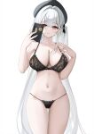 +_+ 1girl azur_lane bare_shoulders beret black_bra black_hat black_panties bra breasts cellphone character_sticker cleavage collarbone commentary_request cross-shaped_pupils hair_intakes hand_up hat highres holding holding_phone lace-trimmed_bra lace-trimmed_panties lace_trim large_breasts light_blush long_hair looking_at_viewer manjuu_(azur_lane) nail_polish navel official_alternate_costume one_side_up panties parted_lips phone pink_nails red_eyes scylla_(azur_lane) scylla_(femme_fatale_fresher)_(azur_lane) simple_background smartphone smile solo standing stomach string_panties symbol-shaped_pupils taking_picture touxing_no_diluka underwear underwear_only very_long_hair white_background white_hair 
